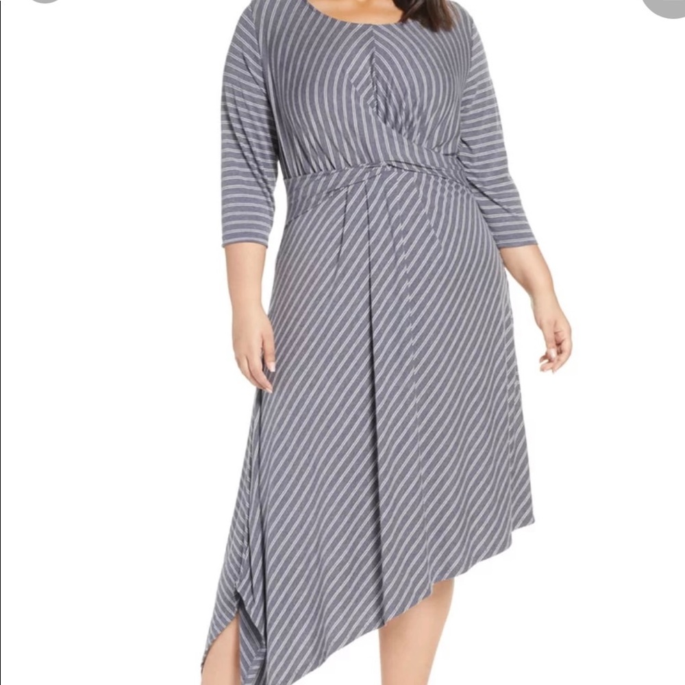 Bobeau Clara Faux Wrap Asymmetrical Striped Dress